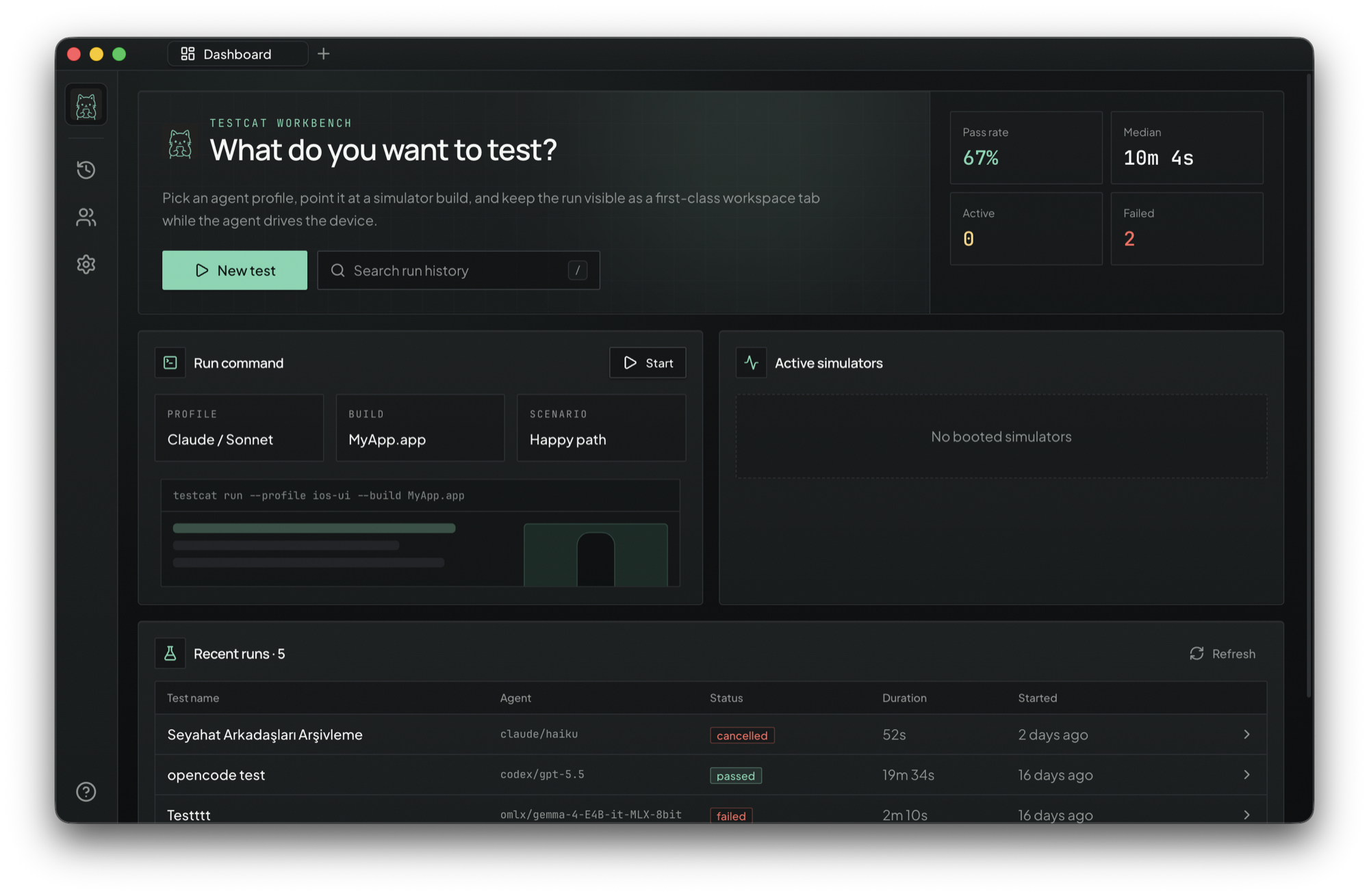testcat dashboard — the workbench asking: what do you want to test?